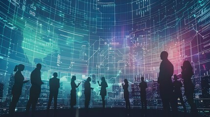 A group of silhouettes working together, with a large financial graph or data chart in the center. The chart represents growth, collaboration. Digital elements like lines, numbers, and graphs.