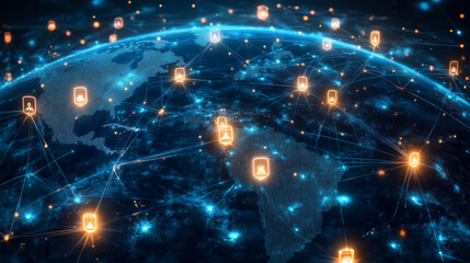 Image of cloud icons and data processing over a globe, representing global connections. Concept of digital interface, data processing, and cloud computing in a digitally generated image