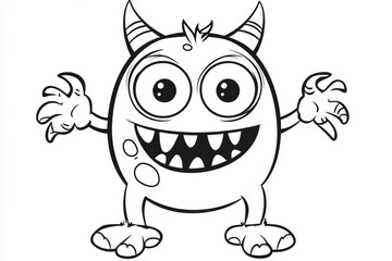 Obraz premium Colorful Halloween coloring page for kids featuring a cute one-eyed monster with tiny horns