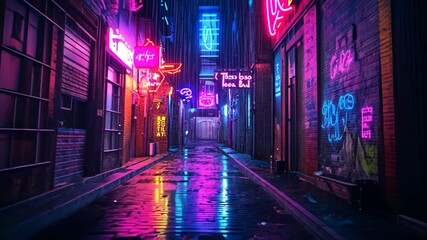 A narrow, wet alleyway in a city at night, lined with brick buildings and glowing neon signs - Powered by Adobe