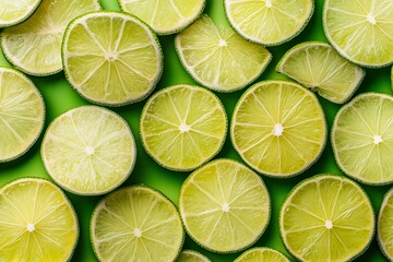 Fresh juicy lime slices as background, top view .generative ai