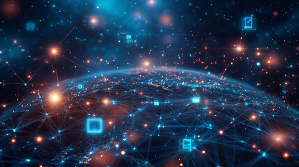 Image of cloud icons and data processing over a globe, representing global connections. Concept of digital interface, data processing, and cloud computing in a digitally generated image