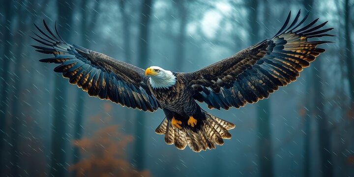 Majestic bald eagle spreading its wings mid-flight in a dark, misty forest.