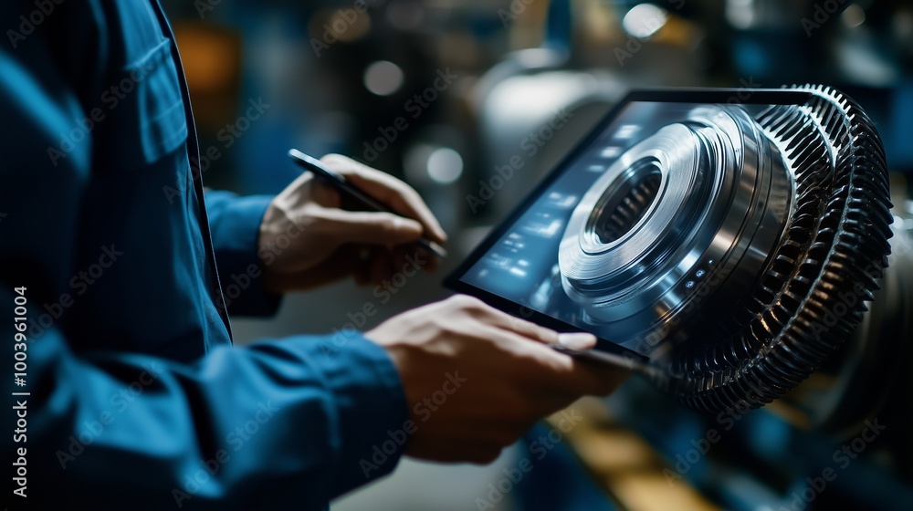 Poster technician examining turbine component using a tablet in an industrial workshop during a quality che