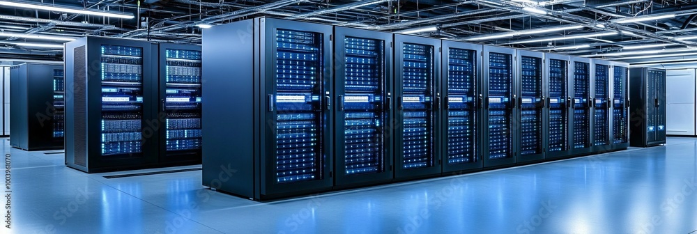 Poster modern data center with rows of network servers, cloud computing and data storage concept.