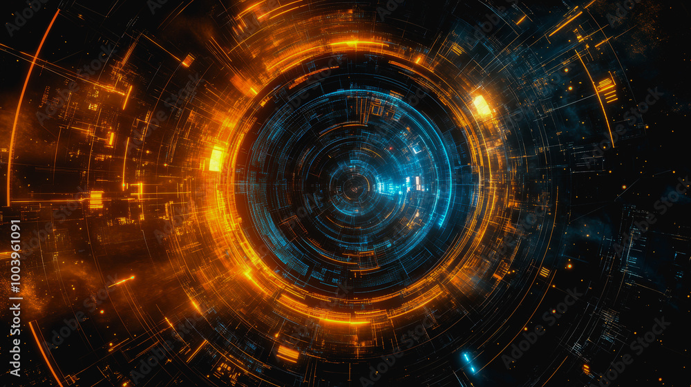 Poster futuristic space vortex with glowing tech elements