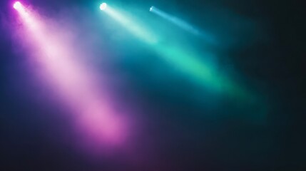 A vibrant display of colored stage lights cutting through a misty atmosphere, perfect for illustrating events related to music, performances, or celebrations
