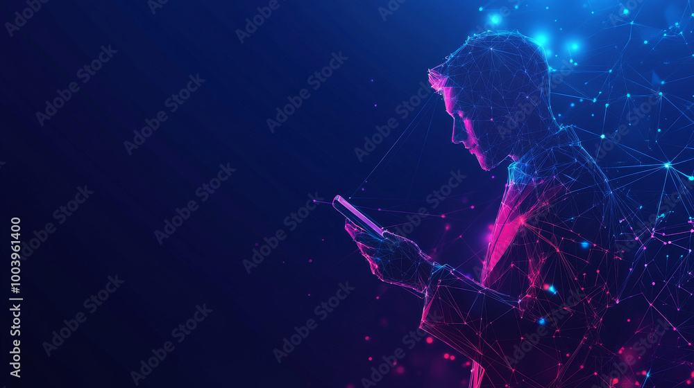 Poster abstract technology featuring a low poly businessman holding a phone in hand, represented with line 