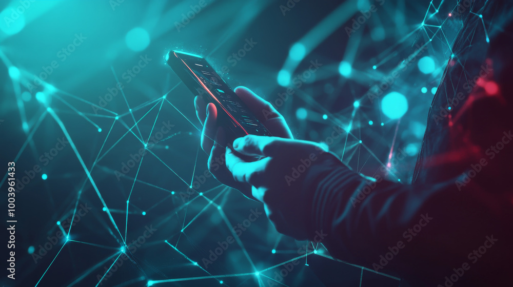 Poster abstract technology featuring a low poly businessman holding a phone in hand, represented with line 