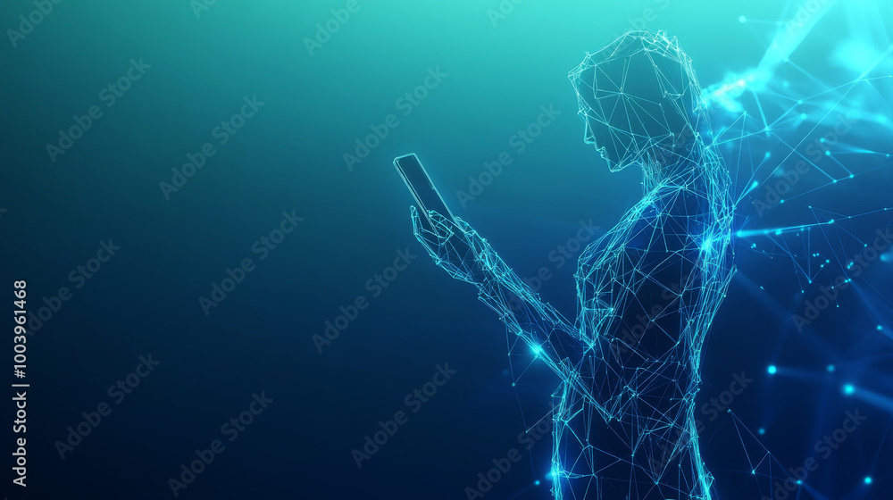 Poster abstract technology featuring a low poly businessman holding a phone in hand, represented with line 