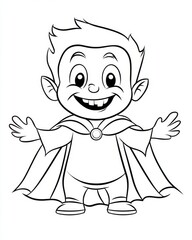 A joyful vampire in a cape smiling widely, perfect for a kid-friendly Halloween coloring activity