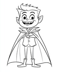Happy vampire coloring page for kids with a big smile in a cape for Halloween fun