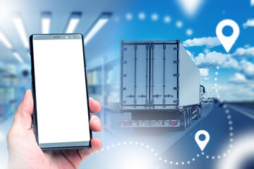 Logistics application for mobile phone. Smartphone mock up. Truck is driving along road. Online...