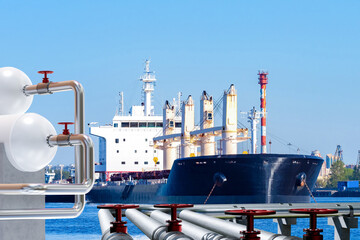 Ship for transporting liquefied gas. LPG terminal with marine vessel. Gas carrier ship arrived for...