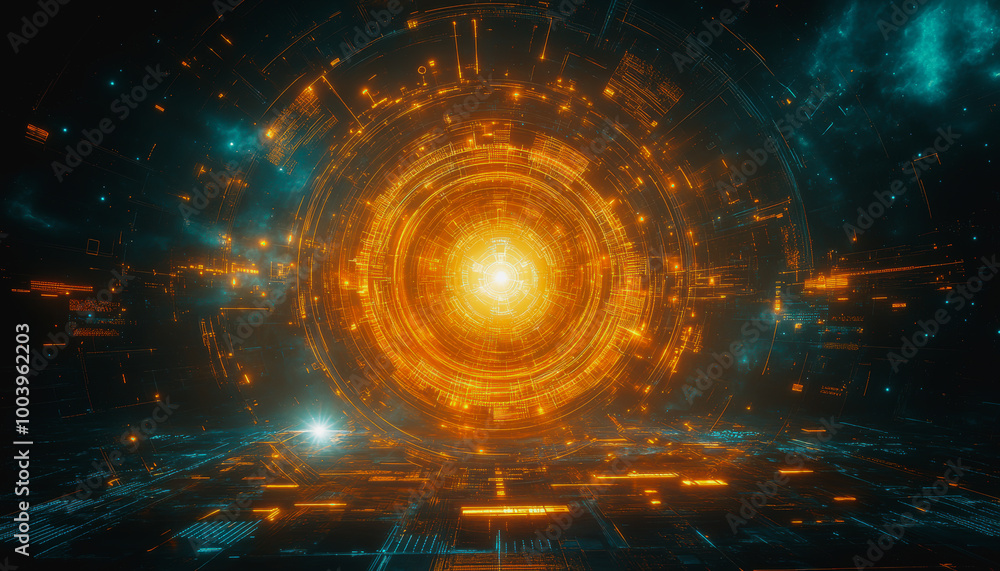 Aufkleber neon cosmic portal with advanced tech circuitry in deep space