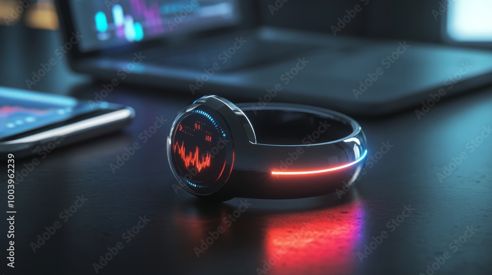 Poster a futuristic smart ring with a black body and red and blue glowing lines rests on a dark surface
