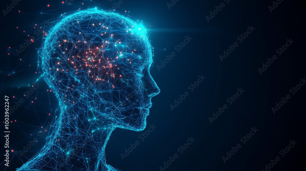 Poster artificial intelligence in a humanoid head with a digital brain. concept of ai involving big data an