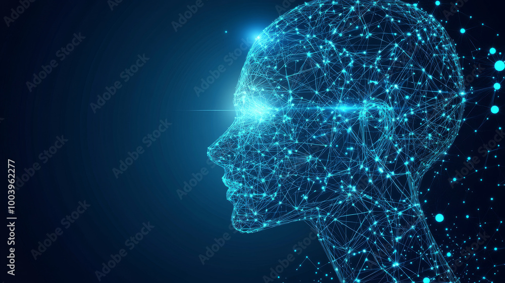 Poster artificial intelligence concept illustration featuring a head with a cybernetic digital brain. neura