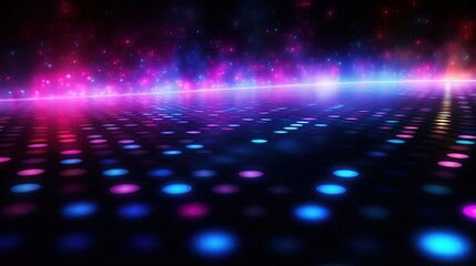Neon lights and smoke with glowing particles on floor, cyberpunk style abstract background