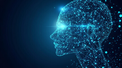 Obraz premium Artificial intelligence concept illustration featuring a head with a cybernetic digital brain. Neural network linked to a virtual interface in a futuristic cyberpunk style, showcasing a computer and m
