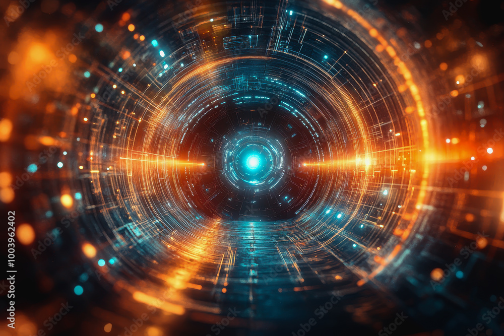 Poster neon cosmic portal with advanced tech circuitry in deep space