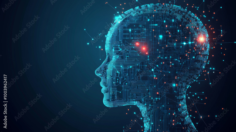 Poster artificial intelligence concept illustration featuring a head with a cybernetic digital brain. neura