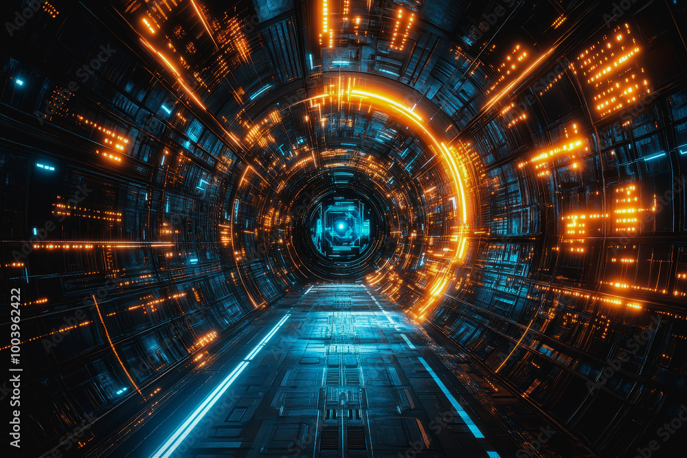 Poster neon cosmic portal with advanced tech circuitry in deep space
