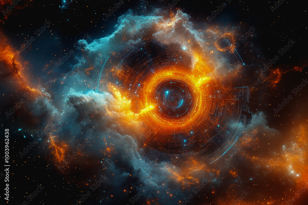Poster neon cosmic portal with advanced tech circuitry in deep space