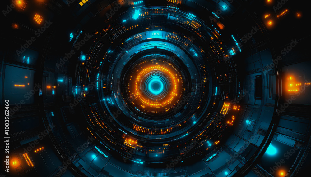 Poster neon cosmic portal with advanced tech circuitry in deep space