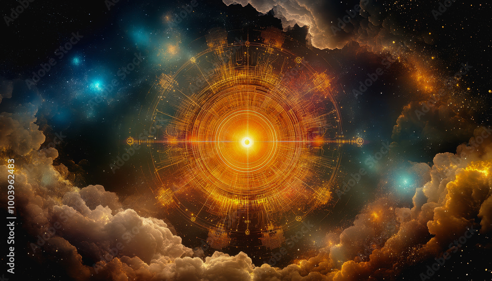 Aufkleber neon cosmic portal with advanced tech circuitry in deep space