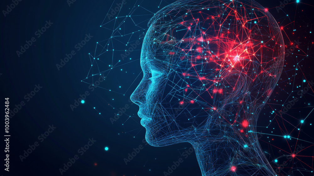 Poster artificial intelligence concept illustration featuring a head with a cybernetic digital brain. neura