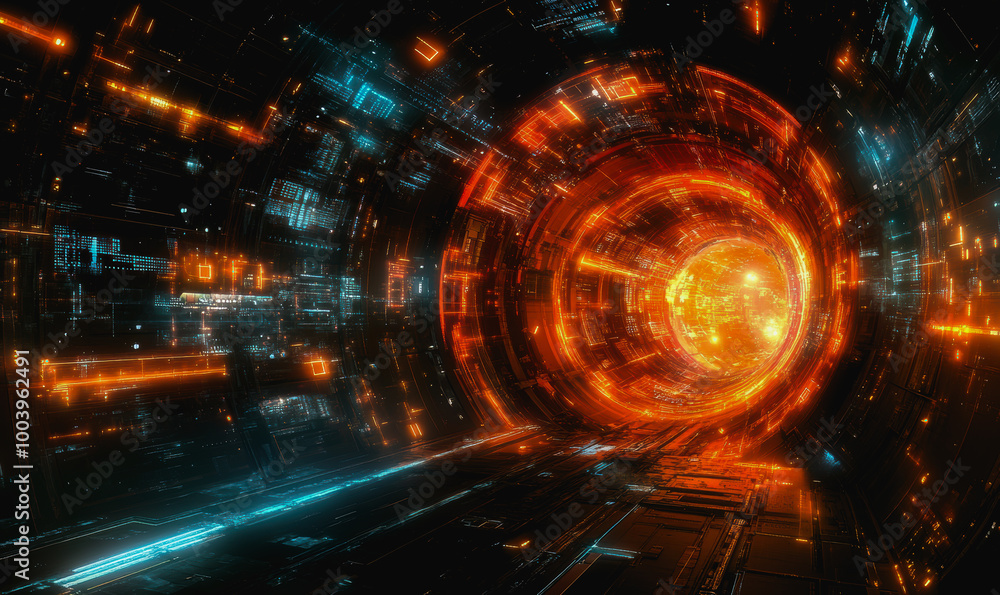 Poster futuristic space vortex with glowing tech elements