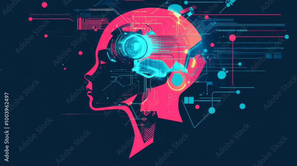 Poster artificial intelligence concept illustration featuring a head with a cybernetic digital brain. neura