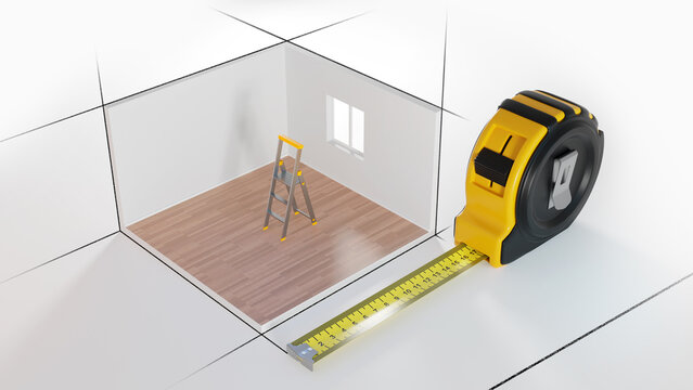 Architectural design. Measuring tape. Apartment layout. Real estate design. Creation architectural drawings. Stepladder in empty room. Measuring tape for architect. Architectural services. 3d image