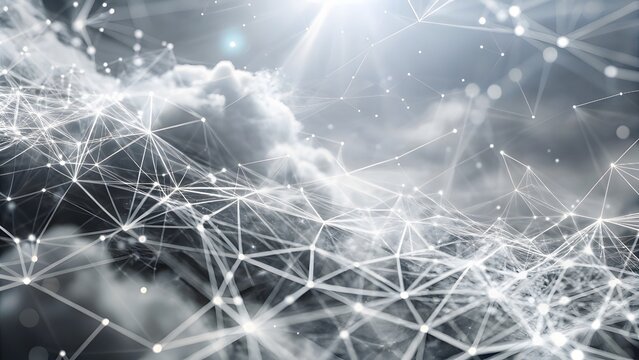Cloud grey network paths displayed on a sleek logistics tech background. Light gray dots connected by white shimmering lines on a dove gray canvas