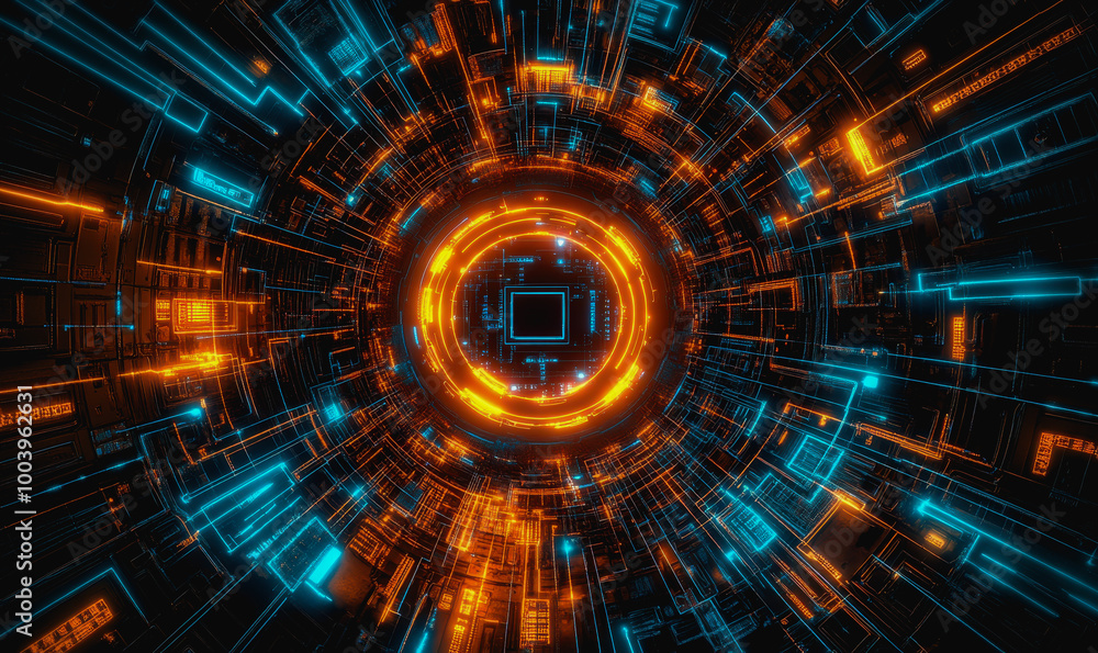 Aufkleber neon cosmic portal with advanced tech circuitry in deep space