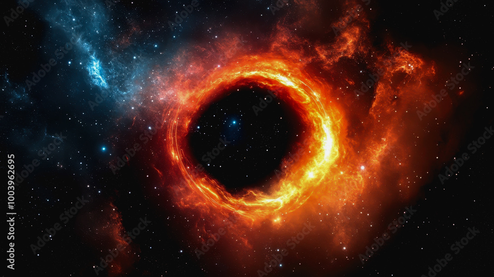 Poster neon cosmic portal with advanced tech circuitry in deep space
