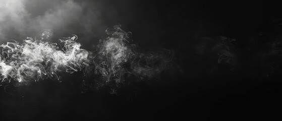 Isolated swirl of smoke on a black background. Dark banner with steam or fog, haze, grey cloud. Generative ai