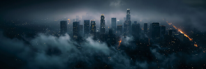 Obraz premium Dark industrial landscape with thick smog ,smoke billowing from factory chimneys,highlighting air pollution and environmental issues. Ecological campaigns and urban decay themes background. Generative