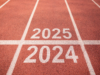 Coming of new year. Road with lines for runners. Year numbers on asphalt. Coming of 2025. End of...