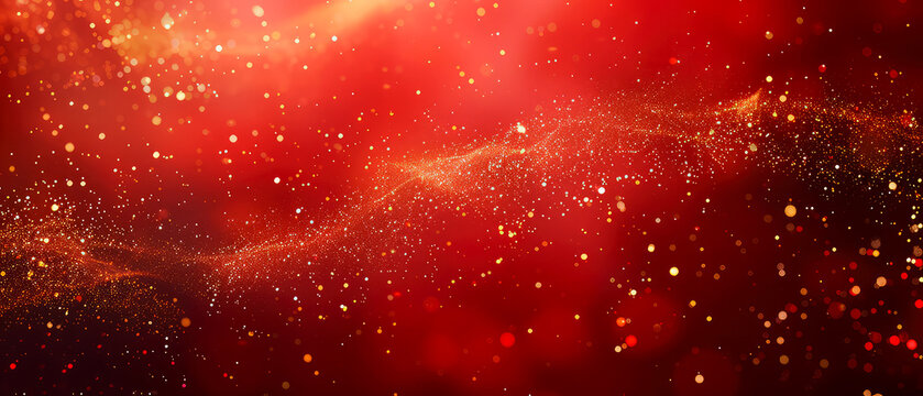 Red Christmas abstract background. Glowing background with golden dust, sparkles, shimmer, particles. New year mockup for celebrating. Generative ai