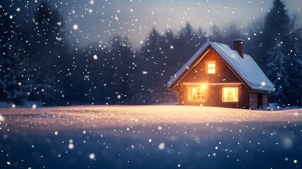 Fototapeta premium A Cozy Cabin Illuminated in a Snowy Forest at Night