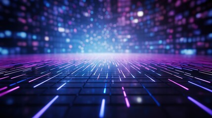 Abstract digital futuristic background with glowing neon lights and particles. Concept of technology, innovation, metaverse, and virtual reality.