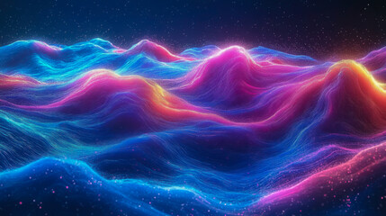 Obraz premium Futuristic neon waves and glowing particles in a surreal, cosmic dreamscape of digital energy