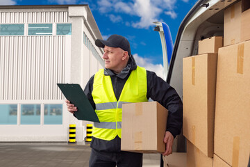 Man courier. Delivery man stands near minivan. Courier is holding cardboard box. Logistician accepts goods to warehouse. Man courier in industrial area. Delivery specialist near warehouse building