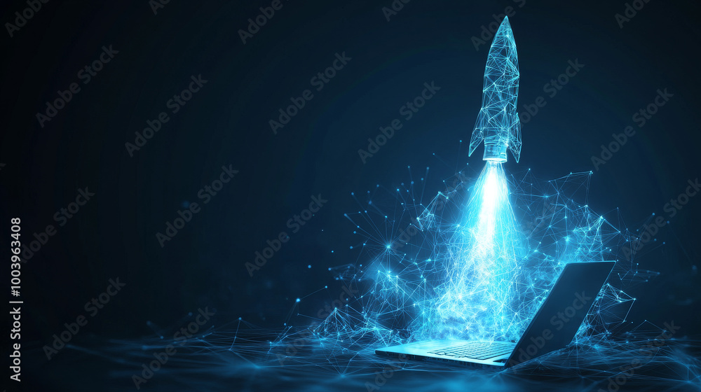 Poster abstract rocket launch from a laptop in low poly style design. modern 3d graphic concept featuring a