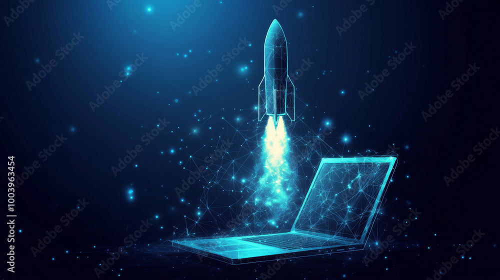 Poster abstract rocket launch from a laptop in low poly style design. modern 3d graphic concept featuring a