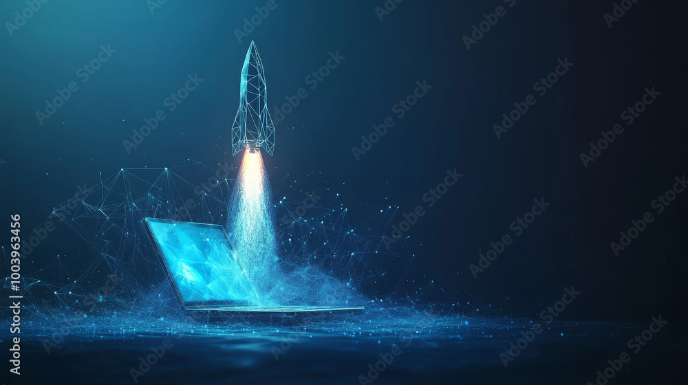 Poster abstract rocket launch from a laptop in low poly style design. modern 3d graphic concept featuring a