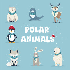 Cute polar animals wearing scarves in winter. Cartoon illustration of owl, seal, penguin, deer, arctic fox, hare, and polar bear. Winter and wildlife concept for design and print.