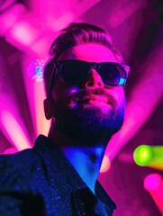 Fototapeta premium Hipster man in neon lights, wearing sunglasses and a beard, exuding modern coolness at a vibrant party or entertainment event.